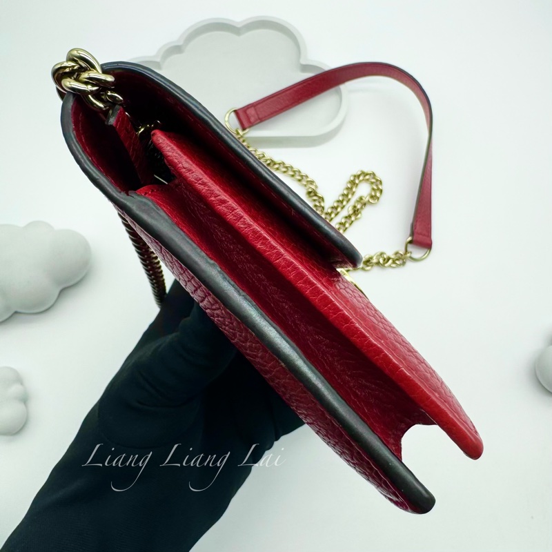 GUCCI 古馳 經典雙G金屬LOGO荔枝紋牛皮鏈帶WOC肩背包｜斜背包-22