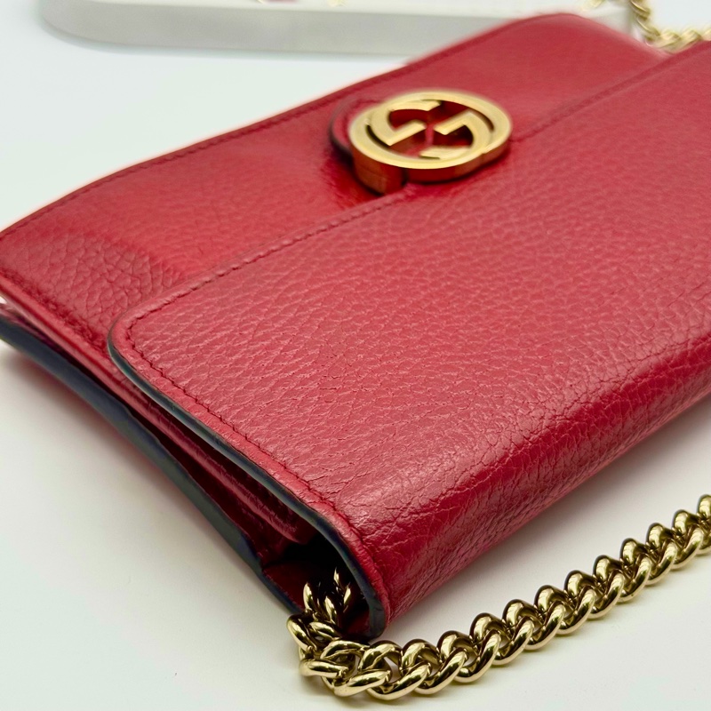 GUCCI 古馳 經典雙G金屬LOGO荔枝紋牛皮鏈帶WOC肩背包｜斜背包-27