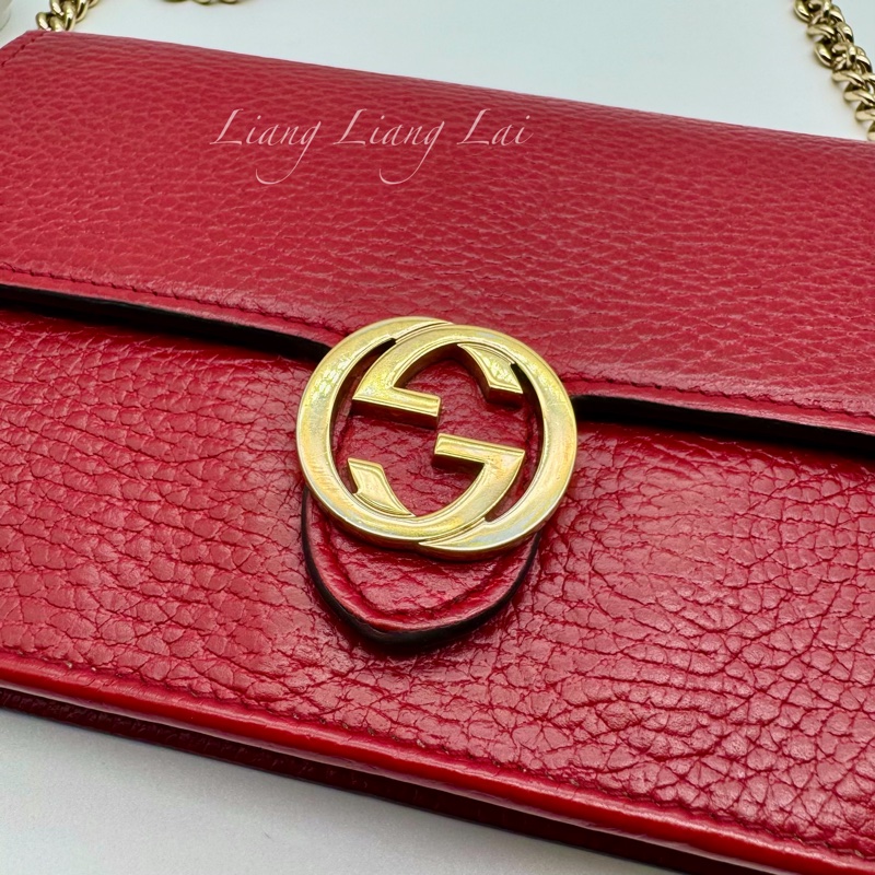 GUCCI 古馳 經典雙G金屬LOGO荔枝紋牛皮鏈帶WOC肩背包｜斜背包-35