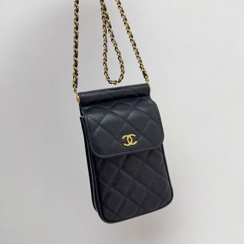 芯片款 香奈兒/Chanel 黑金荔枝皮手機包