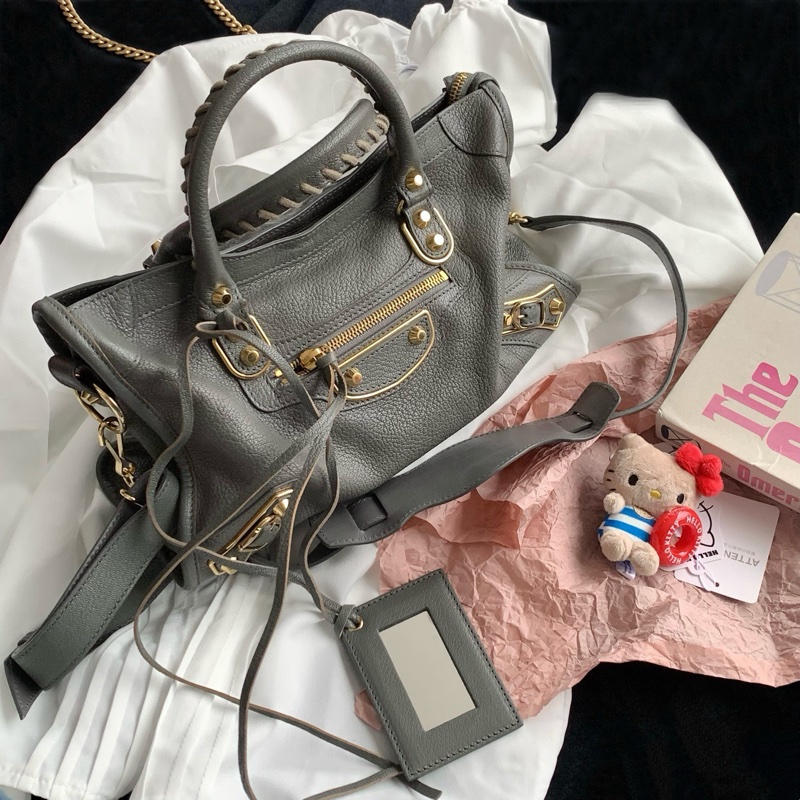 Balenciaga • City 經典水泥灰山羊皮金釦機車包 金釦-0