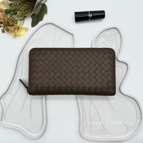 BOTTEGA VENETA BV經典小羊皮編織咖啡棕色拉鍊長夾