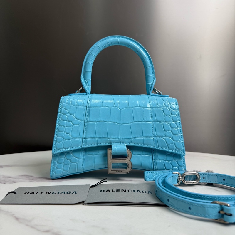 Balenciaga • Hourglass天藍色 鱷魚壓紋牛皮沙漏包銀釦 Xs-2