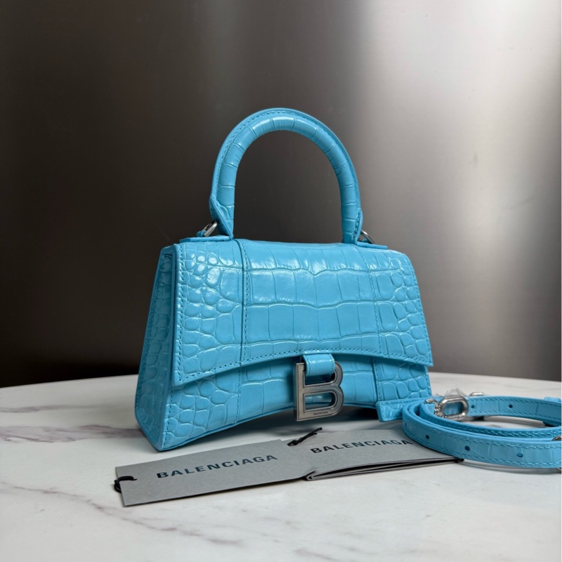 Balenciaga • Hourglass天藍色 鱷魚壓紋牛皮沙漏包銀釦 Xs-3