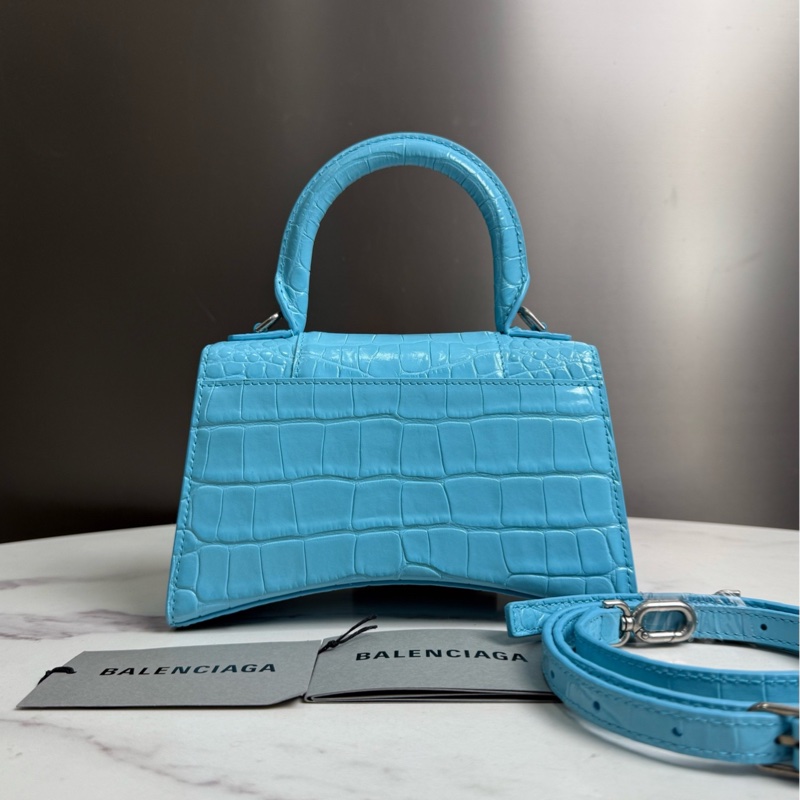 Balenciaga • Hourglass天藍色 鱷魚壓紋牛皮沙漏包銀釦 Xs-4