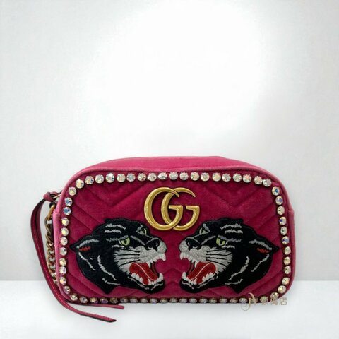 JY0375-GUCCI包包 MARMONT桃粉絲絨金釦黑豹刺繡小號台灣限定相機包 447632