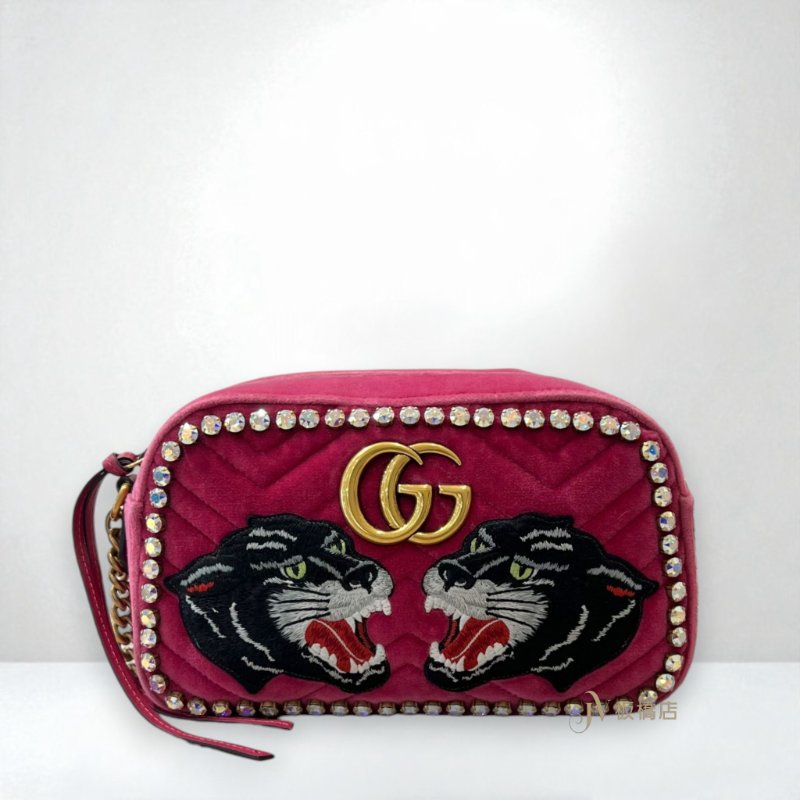 JY0375-GUCCI包包 MARMONT桃粉絲絨金釦黑豹刺繡小號台灣限定相機包 447632-0