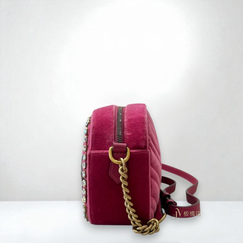 JY0375-GUCCI包包 MARMONT桃粉絲絨金釦黑豹刺繡小號台灣限定相機包 447632-2