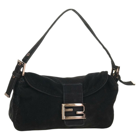 FENDI Mamma Baguette 單肩包 燈芯絨 黑色 銀色 正品 ARZ587SAV