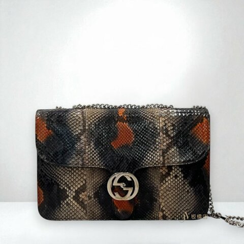 JY0379-GUCCI包包 lnterlocking 多色蟒蛇皮GG銀釦棕內裡中型下蓋鏈包387606