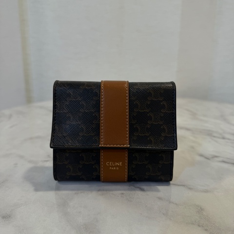 Celine PVC咖牛皮霧金釦三折短夾