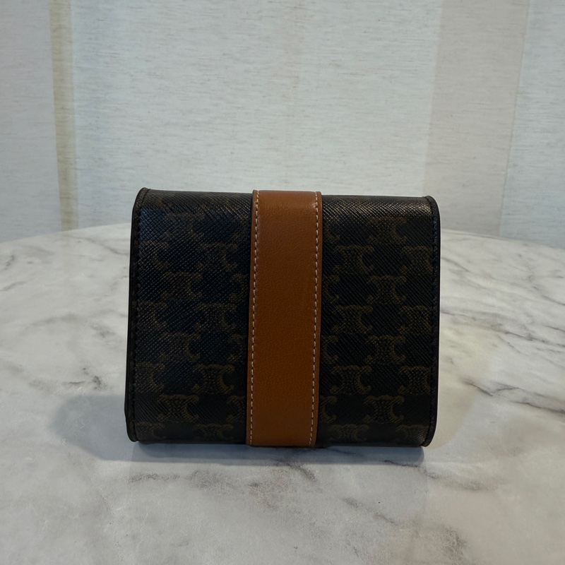 Celine PVC咖牛皮霧金釦三折短夾-1