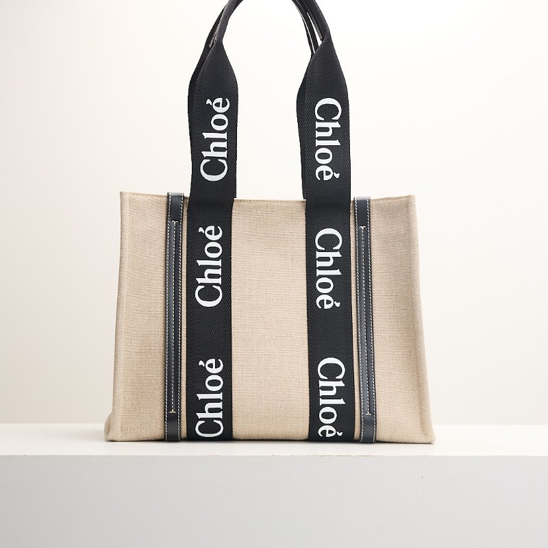 二手Chloé Woody tote亞麻帆布款/中號 熊貓配色-0