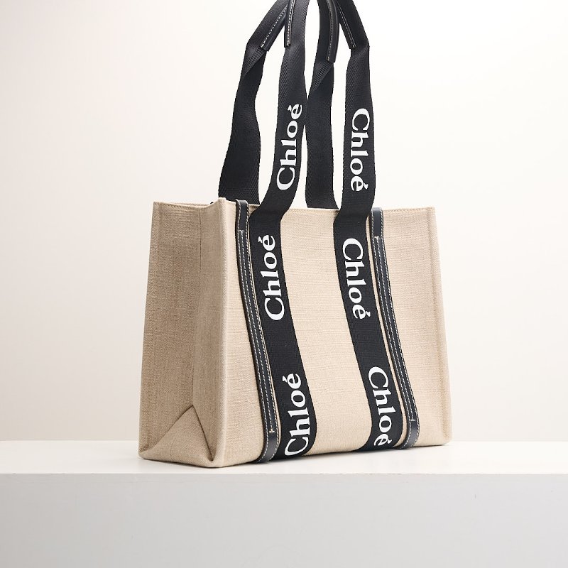 二手Chloé Woody tote亞麻帆布款/中號 熊貓配色-1