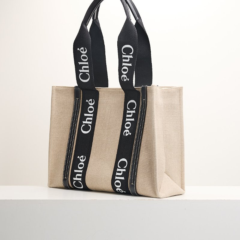二手Chloé Woody tote亞麻帆布款/中號 熊貓配色-2