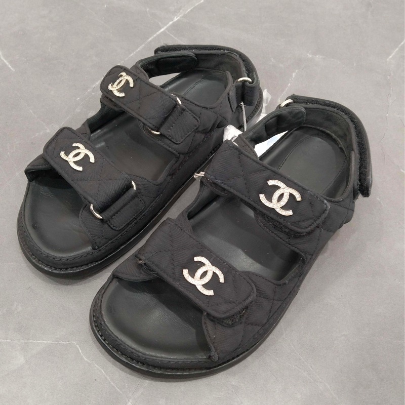 CHANEL  香奈兒cclogo 魔術貼黑色涼鞋  36碼-0