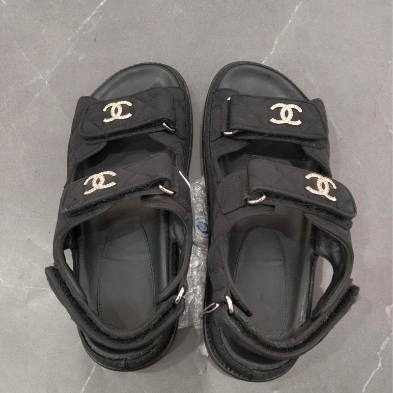 CHANEL  香奈兒cclogo 魔術貼黑色涼鞋  36碼-8