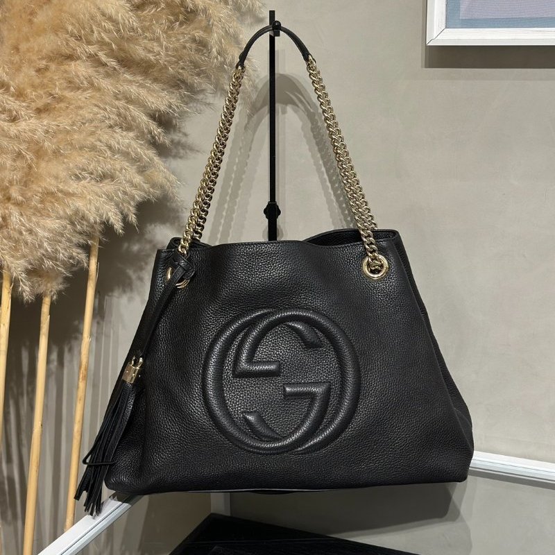 GUCCI 經典GG雙鍊單間托特包 - 黑-0