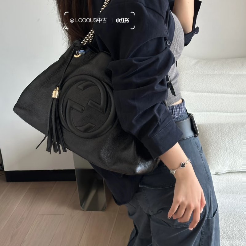 GUCCI 經典GG雙鍊單間托特包 - 黑-1