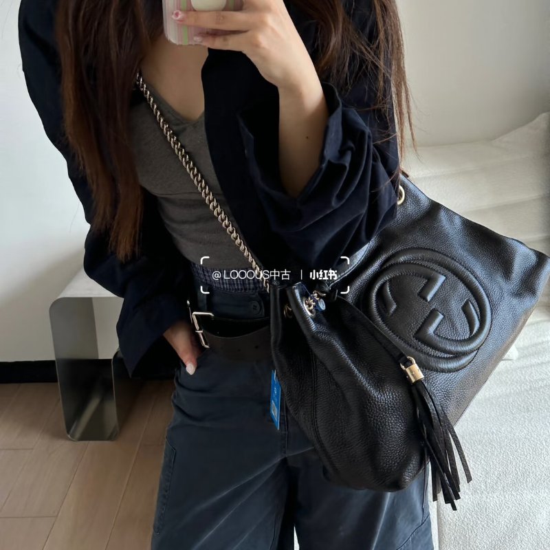 GUCCI 經典GG雙鍊單間托特包 - 黑-17