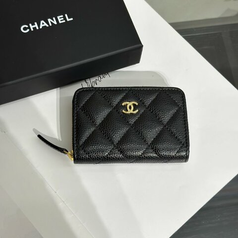 CHANEL 經典粒面牛皮拉鍊零錢包 - 黑金