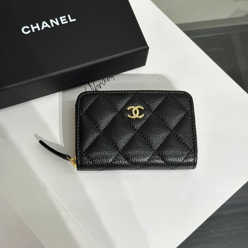 CHANEL 經典粒面牛皮拉鍊零錢包 - 黑金-0