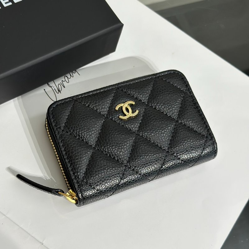 CHANEL 經典粒面牛皮拉鍊零錢包 - 黑金-1