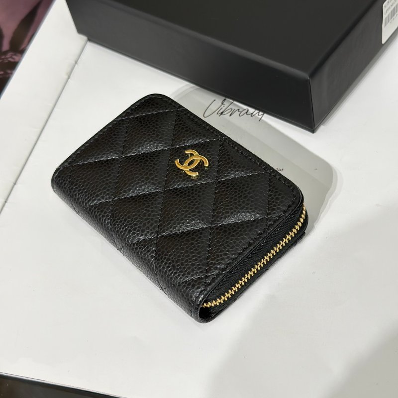 CHANEL 經典粒面牛皮拉鍊零錢包 - 黑金-2