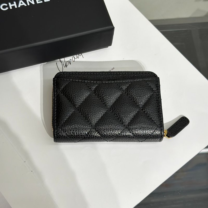 CHANEL 經典粒面牛皮拉鍊零錢包 - 黑金-3