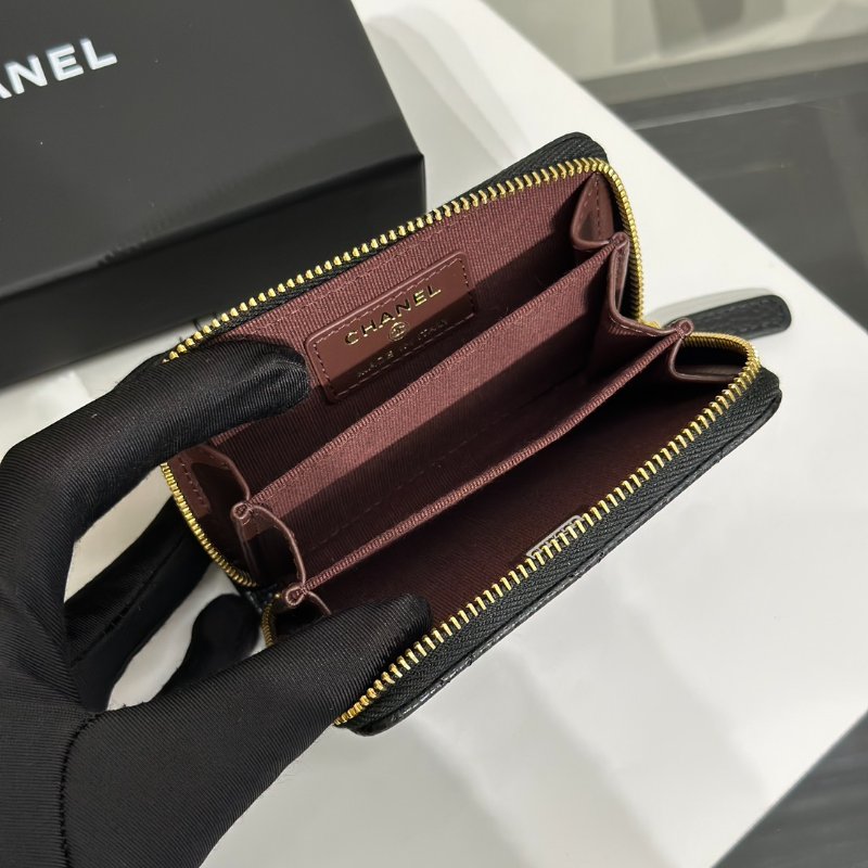 CHANEL 經典粒面牛皮拉鍊零錢包 - 黑金-4