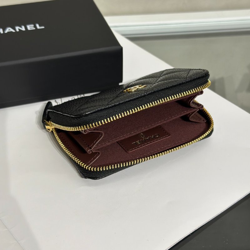 CHANEL 經典粒面牛皮拉鍊零錢包 - 黑金-5