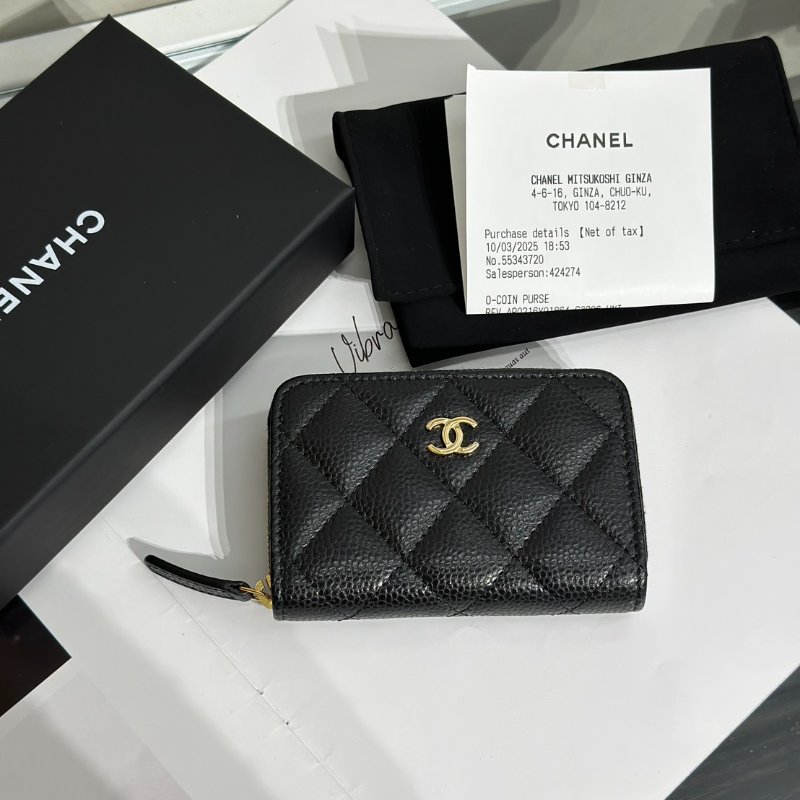 CHANEL 經典粒面牛皮拉鍊零錢包 - 黑金-6