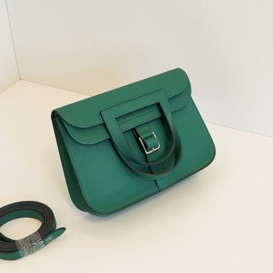 閒置新 Hermes愛馬仕 竹子綠銀扣 Mini Halzan馬蹄包 Swfit皮-2