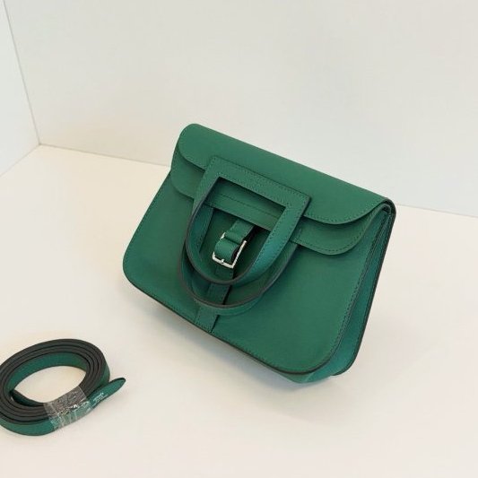閒置新 Hermes愛馬仕 竹子綠銀扣 Mini Halzan馬蹄包 Swfit皮-3