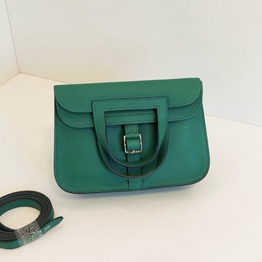 閒置新 Hermes愛馬仕 竹子綠銀扣 Mini Halzan馬蹄包 Swfit皮-5
