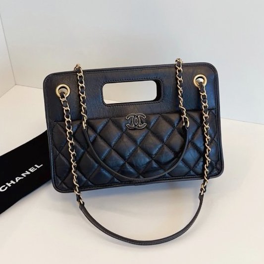 閒置新 香奈兒/Chanel 黑金複古鏈條公文包 芯片款-5