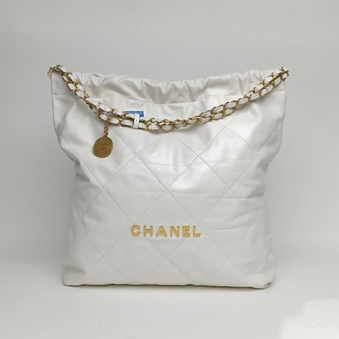 CHANEL 22BagTote托特包大號白色牛皮晶片金扣肩背包