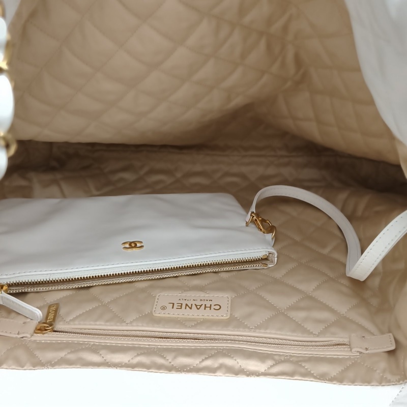 CHANEL 22BagTote托特包大號白色牛皮晶片金扣肩背包-5