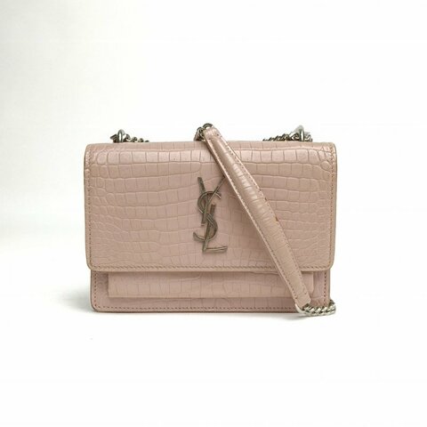 SAINT LAURENT SUNSET日落包Woc17鱷魚壓紋粉色牛皮銀扣肩背包
