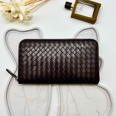 BOTTEGA VENETA BV 經典編織小牛皮深咖啡色拉鏈長夾