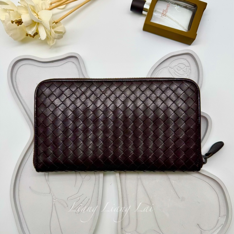 BOTTEGA VENETA BV 經典編織小牛皮深咖啡色拉鏈長夾-1