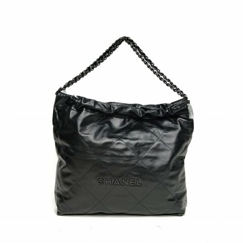 CHANEL 22BagTote托特包中號黑色牛皮晶片開黑扣肩背包