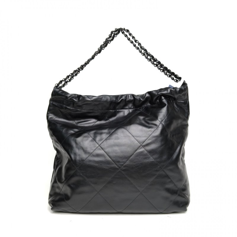 CHANEL 22BagTote托特包中號黑色牛皮晶片開黑扣肩背包-2