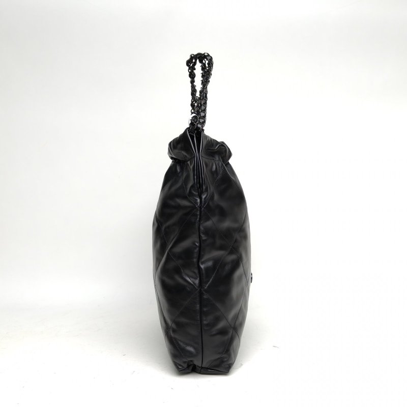 CHANEL 22BagTote托特包中號黑色牛皮晶片開黑扣肩背包-3