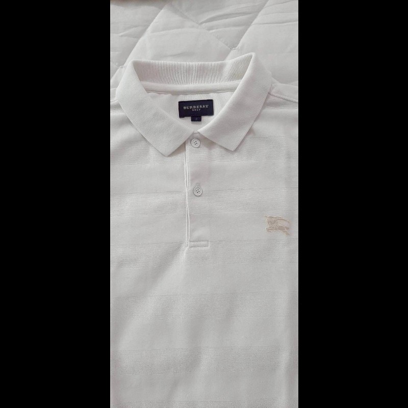 （日本製MIJ）BURBERRY 博柏利 GOLF高爾夫球 戰馬 男米白色透氣網眼布短袖POLO衫3號-2