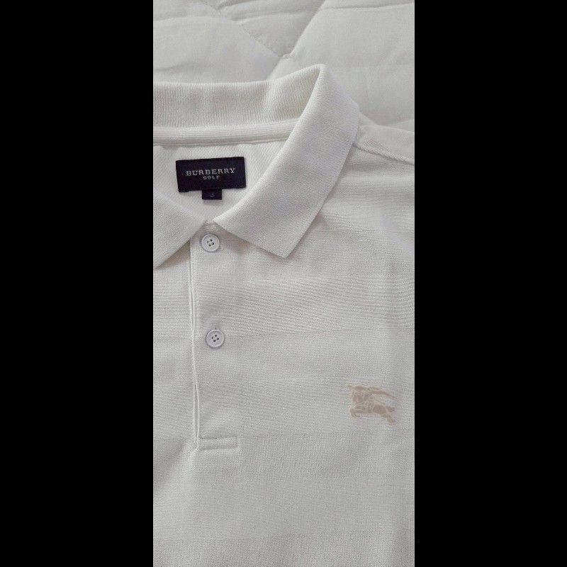 （日本製MIJ）BURBERRY 博柏利 GOLF高爾夫球 戰馬 男米白色透氣網眼布短袖POLO衫3號-4