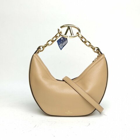 VALENTINO 卡其色牛皮金扣VLogomoonhobo月亮包肩背包