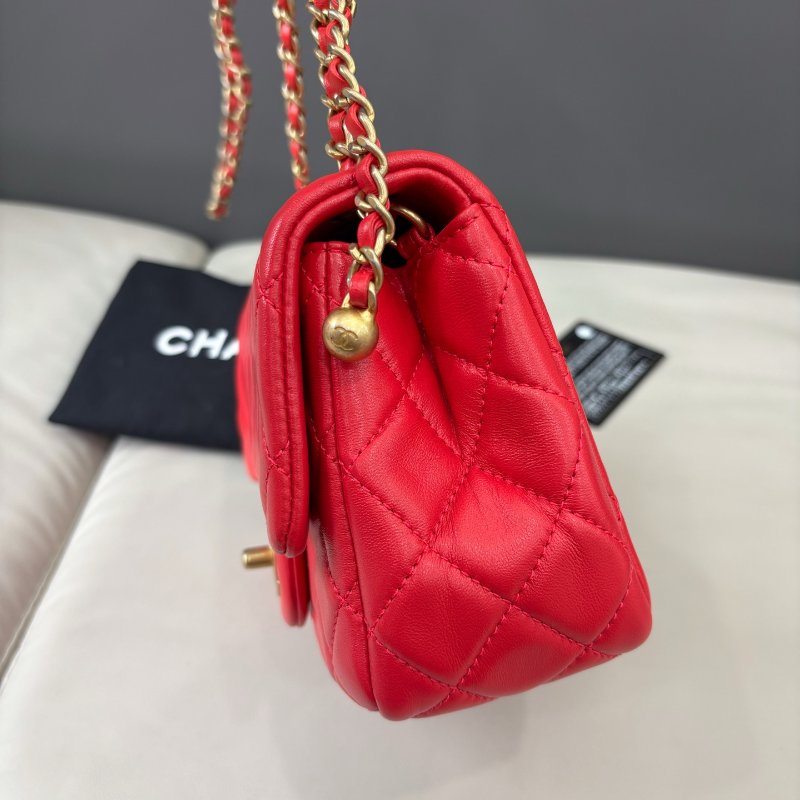 閒置新 香奈兒/Chanel 紅色金球方胖子鏈條包-3