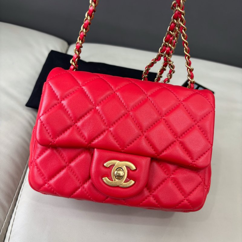 閒置新 香奈兒/Chanel 紅色金球方胖子鏈條包-5