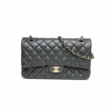 CHANEL CF口蓋包中號深灰荔枝牛皮25開金扣肩背包